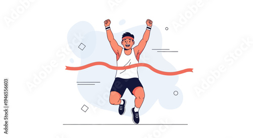 Runner crossing finish line, celebrating victory, marathon achievement, sports concept