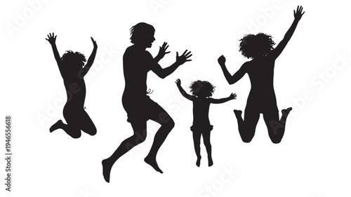 Silhouettes of a family joyfully jumping in the air, capturing a moment of pure happiness and energetic celebration on a white background.