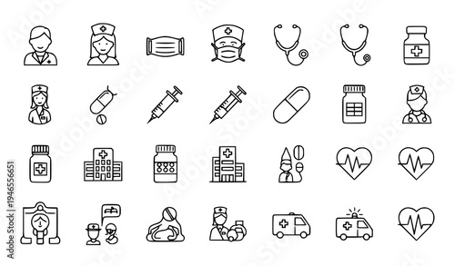 Medical icons set healthcare tools doctor nurse hospital outline vector isolated on white