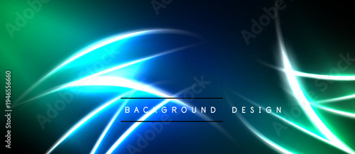 Abstract blue green background. Bright neon lines create dynamic energy, modern design element. Dark areas contrast light streaks.