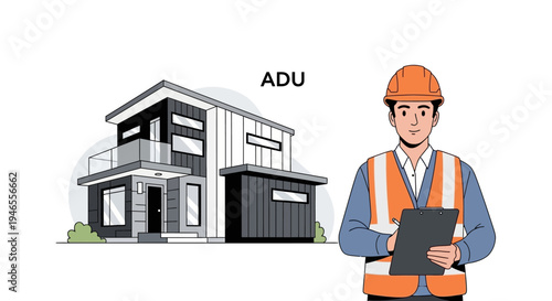 Modern Accessory Dwelling Unit (ADU) Concept with Construction Inspector and Contemporary House Design for Real Estate Development and Urban Housing Planning.
