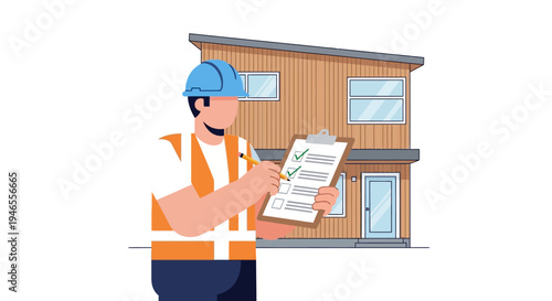 Home Inspection Concept: Contractor in Hard Hat and Safety Vest Checking Checklist in Front of Modern Residential House - Flat Vector Illustration