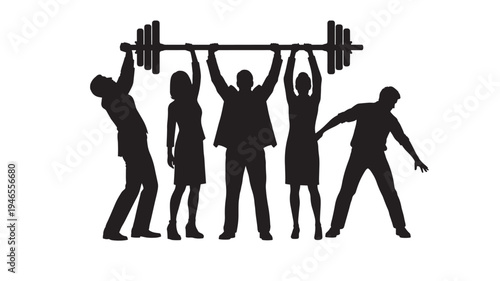 Barbell silhouette with diverse team lifting heavy weight together representing business collaboration and strength.