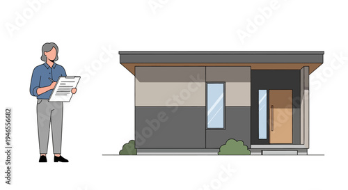 Real Estate Inspector Woman with Clipboard Evaluating Modern Minimalist House for Appraisal or Sale. Professional Property Management Concept Vector Illustration.