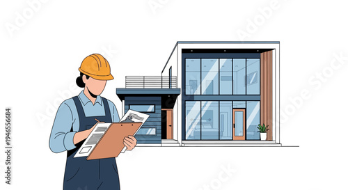 Female Architect or Home Inspector with Clipboard Standing in Front of Modern Luxury House Illustration