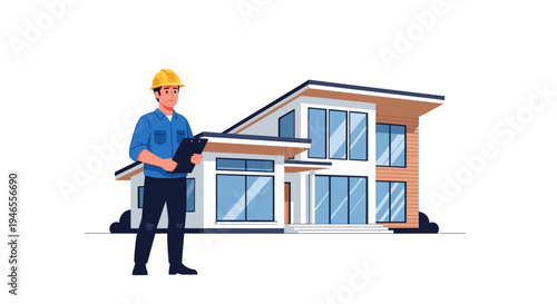 Professional Construction Manager with Clipboard Standing in Front of Modern Luxury Residential House Illustration