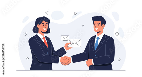 Business partners shaking hands, exchanging envelopes, agreement, partnership, teamwork
