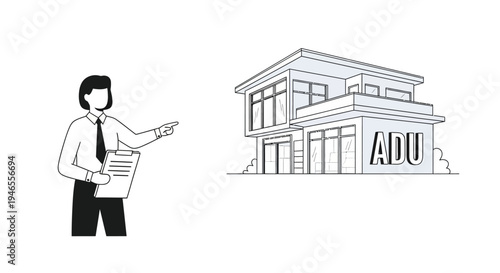 Real Estate Professional Presenting Modern Accessory Dwelling Unit (ADU) Architectural Concept, Line Art Illustration
