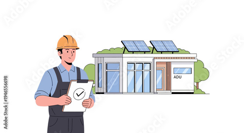 Construction Inspector Checking Modern Eco-Friendly ADU Accessory Dwelling Unit with Solar Panels