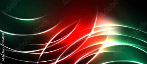 Abstract design features vibrant red, green lines. Bright light emanates from center, creating dynamic visual effect. Dark background enhances luminosity.