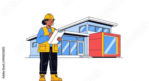 Professional Female Building Inspector Holding Clipboard in Front of Modern Modular House Architecture