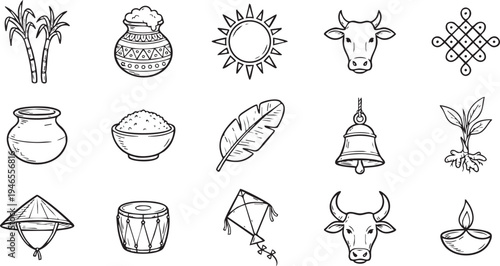 Collection of traditional cultural icons representing harvest celebration elements like cattle and cooking pots