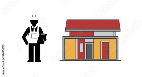 Building Inspector with Clipboard and Modern House Illustration for Real Estate, Construction, and Home Maintenance Concepts