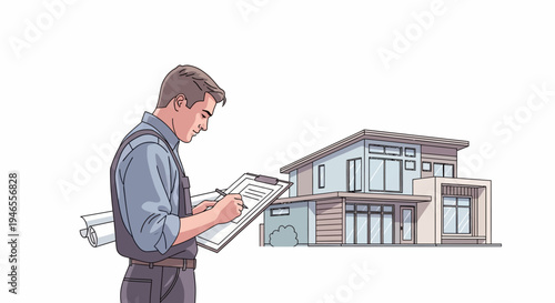 Architect or Real Estate Inspector with Blueprints and Clipboard Standing in Front of a Modern House Illustration