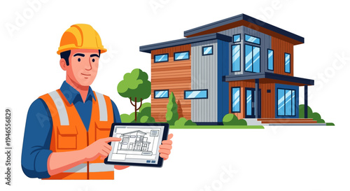 Architect or Civil Engineer Using Digital Tablet for House Design Planning, Modern Residential Building Construction Concept Illustration
