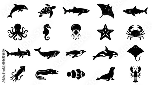 Marine Life Ocean Animal Silhouette Icon Set Vector – Sea Wildlife Creature Collection