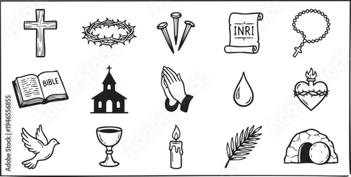 A compelling collection of essential Christian religious symbols representing faith, sacrifice, resurrection, and spiritual devotion for religious and educational content.