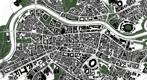 Detailed Aerial View of a City with River and Structures.