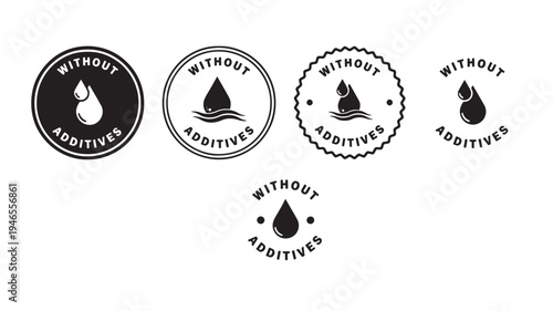 Set of five "Without Additives" icons featuring water drops and wavy lines on white background, perfect for product labeling.