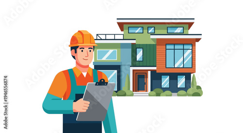 Male Construction Worker or Home Inspector Holding Clipboard in Front of Modern Residential House Illustration
