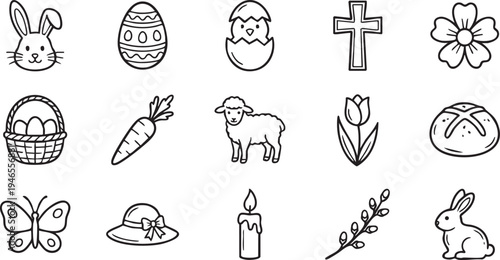 A delightful collection of hand-drawn outline icons representing various traditional symbols of Easter and the joyous spring season.