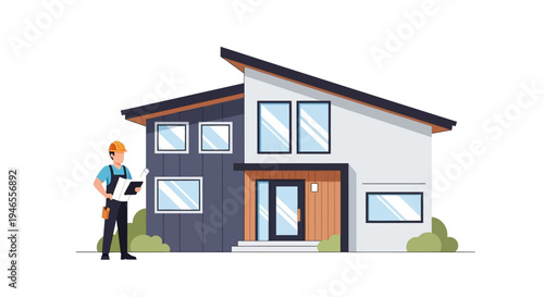 Modern Residential House with Construction Engineer Holding Architectural Blueprints Vector Illustration