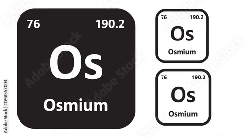 Osmium symbol and name with atomic number 76 and atomic weight 190.2, displayed in black and white. featuring element, Os, chemical with periodic