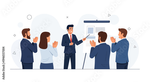 Business presentation success: speaker applauded by team in modern office setting