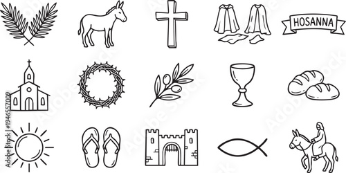 A comprehensive set of hand-drawn doodle icons representing various symbols of Easter and holy week events in a simple style.