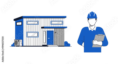 Modern House Construction and Inspection Concept with Professional Engineer Holding Clipboard Vector Illustration