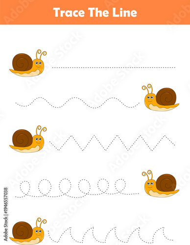 Trace line worksheets for children. Preschool handwriting practice with animals. Vector illustration