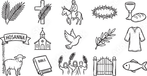 Collection of religious Christian symbols and iconography representing biblical stories and holy celebrations like Easter