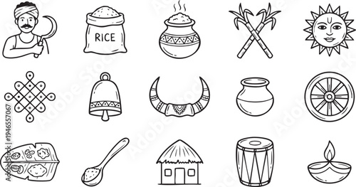 This comprehensive collection of hand-drawn doodle icons represents traditional Indian harvest festival elements like Pongal and Makar Sankranti.