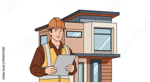Professional Construction Worker with Clipboard in Front of Modern House Illustration