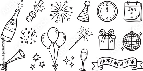 Hand-drawn doodle style collection of essential new year celebration icons including champagne, fireworks, party hats, and balloons.