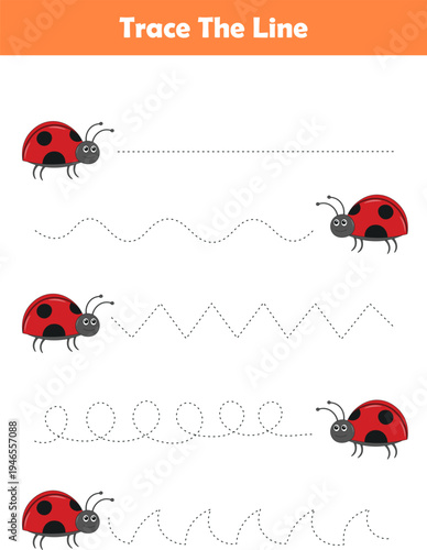 Trace line worksheets for children. Preschool handwriting practice with animals. Vector illustration