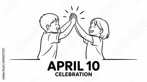 Two children high fiving on april 10 celebration day with joyful hands up in minimal line art illustration