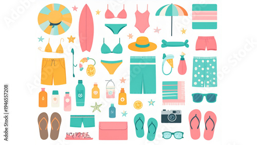Summer Beach Vacation Essentials Collection with Swimsuit Surfboard Sun Hat Flip Flops Camera and Umbrella Flat Vector Illustration Set