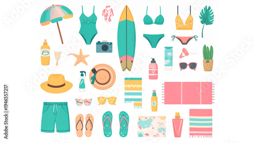 Summer Beach Vacation Essentials Collection with Swimsuit Surfboard Sun Hat Flip Flops Camera and Umbrella Flat Vector Illustration Set