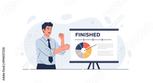 Successful businessman celebrates project completion with a pie chart presentation