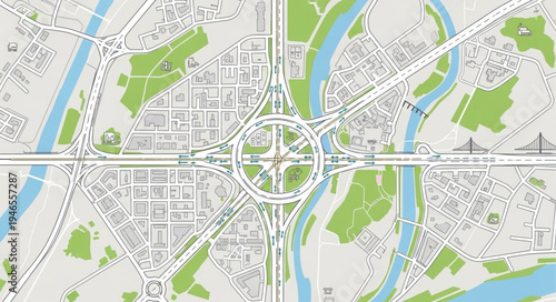 Aerial View of City with River and Green Spaces.