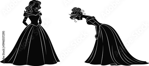 Two Elegant Princess Silhouettes in Beautiful Ball Gowns One Standing and One Bowing for Royal Fairy Tale Theme Vector Illustration