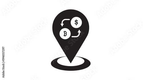 Location icon with Bitcoin and dollar currency exchange symbols and circular arrows indicating movement and transaction between them on a white