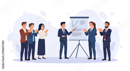 Business team applauding successful presentation at whiteboard, teamwork success
