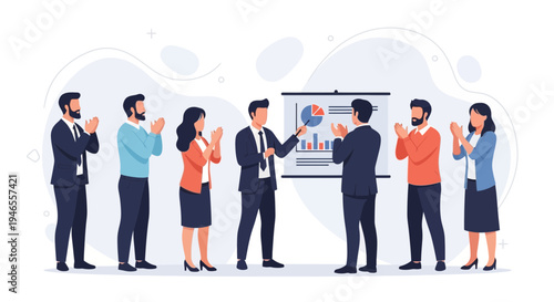 Business team applauding speaker presenting financial report on whiteboard