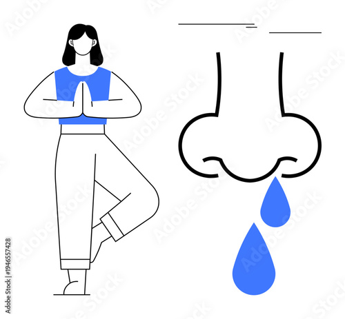 Woman balancing in yoga tree pose with praying hands beside large nose dripping blue droplets. Ideal for health, wellness, yoga, meditation, allergies, breathing, mindfulness, simple flat metaphor