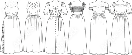 Women Summer Dresses Collection Line Art Vector Set of Long Maxi Gowns with Various Necklines and Sleeves for Fashion Design