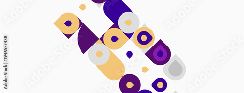 Abstract geometric shapes, purple, yellow hues dominate composition. Circles, rectangles overlap creating dynamic visual effect. Modern design.
