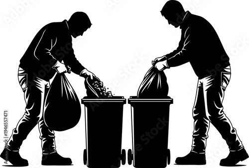 This illustration features two human figures in black silhouette, both wearing gloves and actively disposing of tied trash bags into tall, wheeled garbage bins.