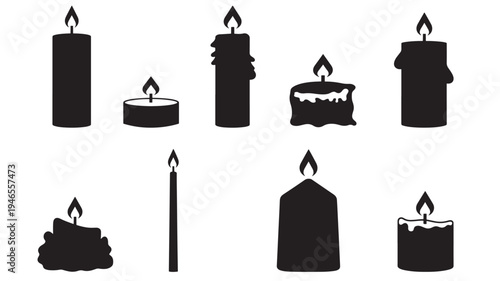 Candles set with flames and melting wax, silhouette icons with various shapes and sizes on white background.